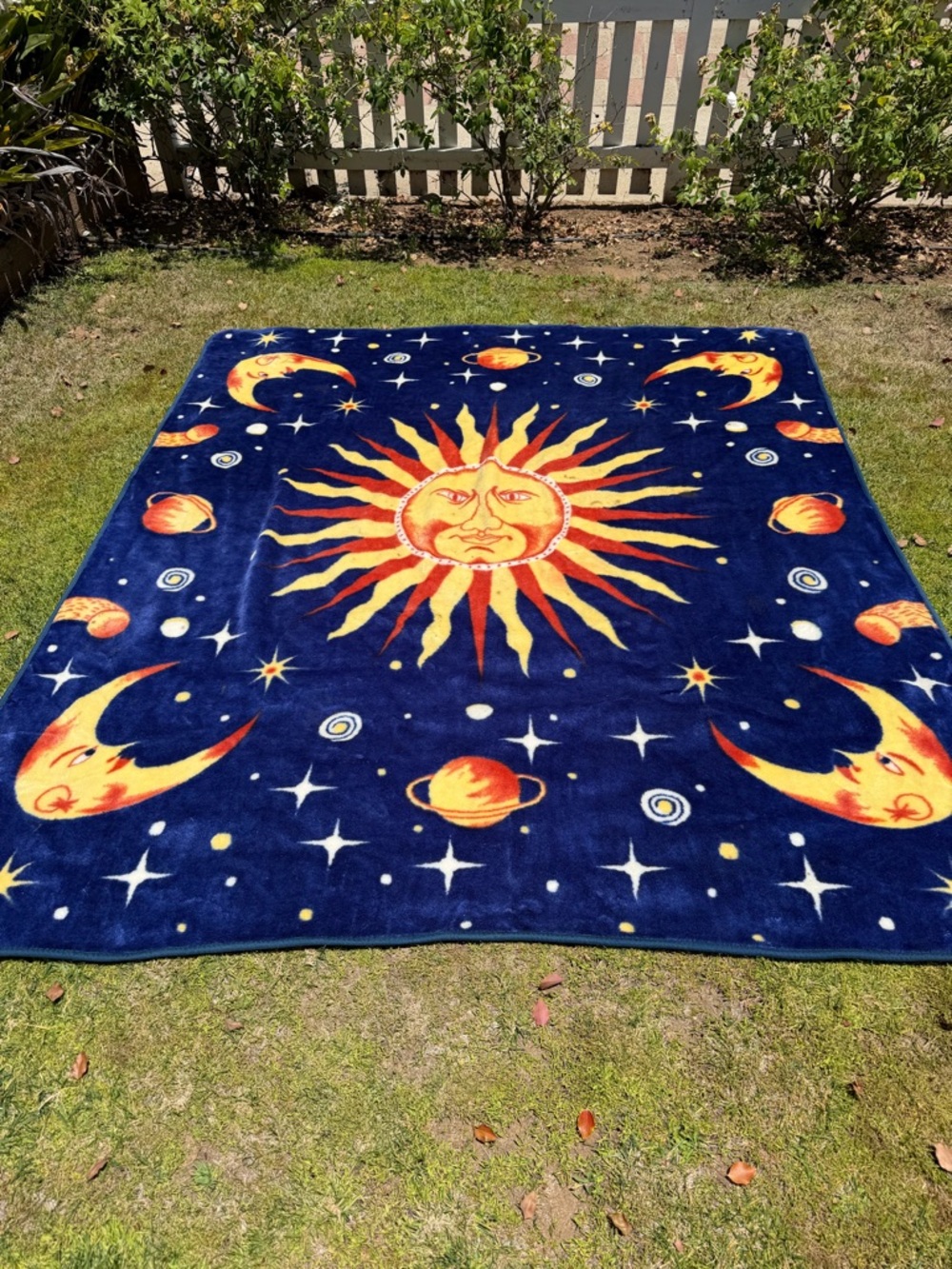 VTG 90s Celestial Sunface Moon Stars Planets Plush Blanket Whimsigoth 79x90 GUC